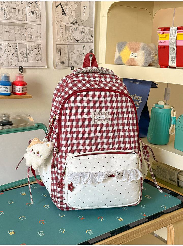 Adorable Gingham-Patterned Multi-Pocket School Backpack