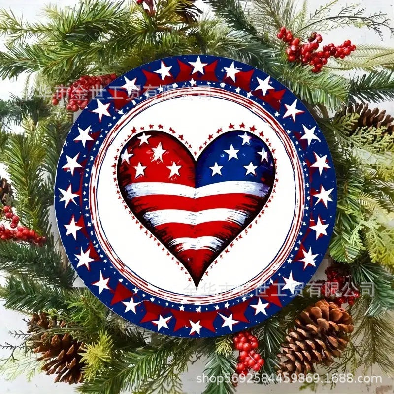 Independence Day rustic round wooden patriotic cross wall plaque with floral accents and God Bless America banner Kalsten