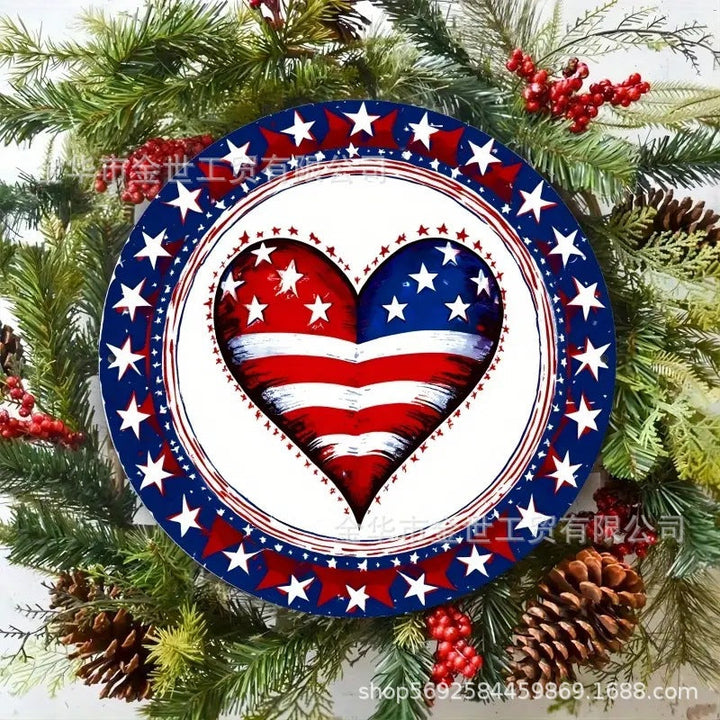 Independence Day rustic round wooden patriotic cross wall plaque with floral accents and God Bless America banner Kalsten