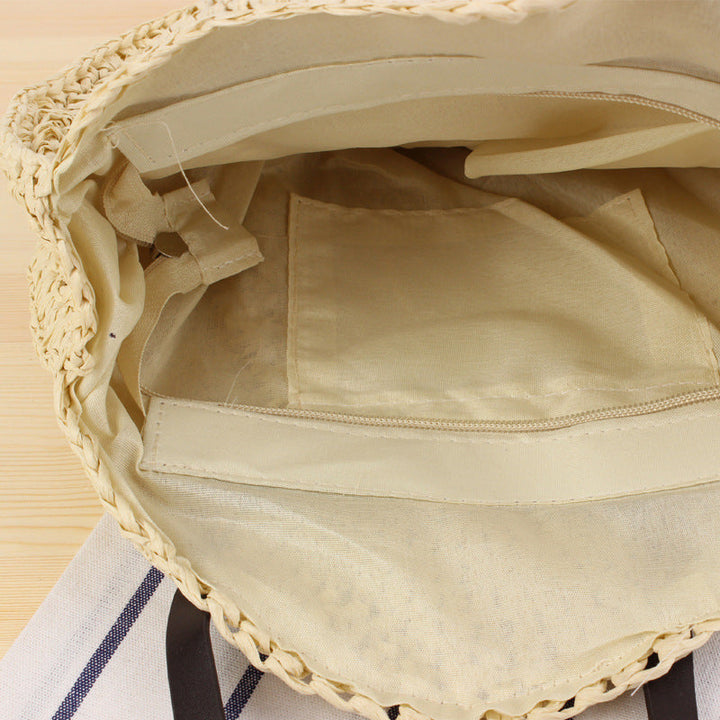 Round Bast Tote Bag with Leather-Embellished Handles Kalsten