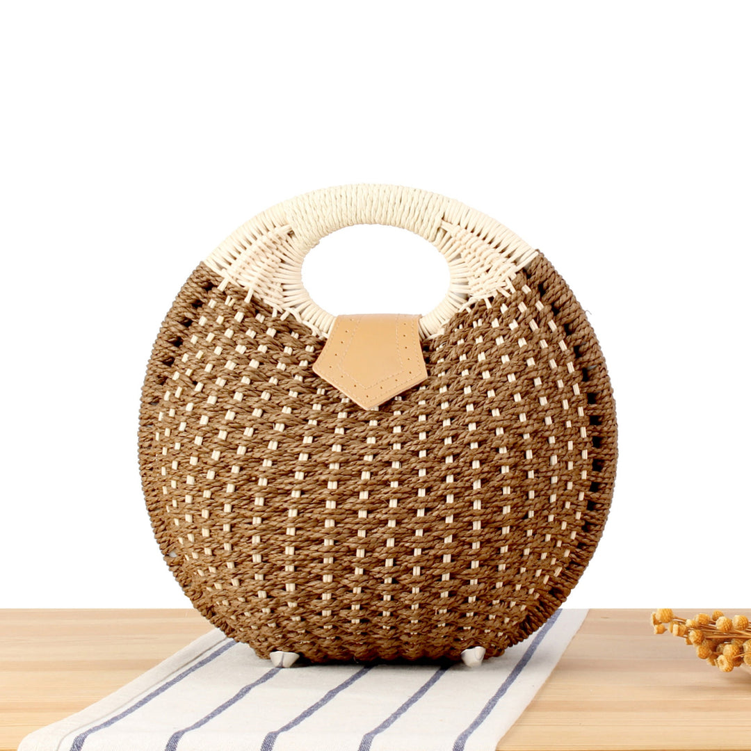 Round straw bag with elegant leather handle Kalsten