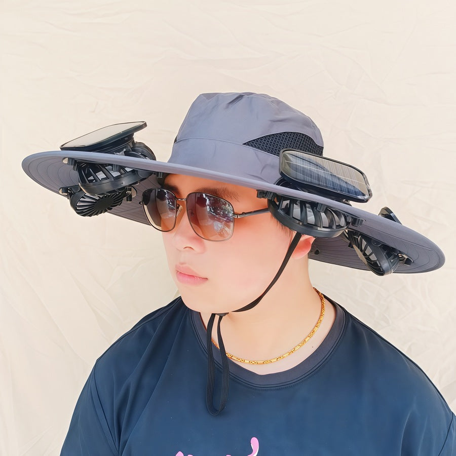 Wide-brimmed sun hat with detachable swivel solar fans and adjustable chin strap Kalsten