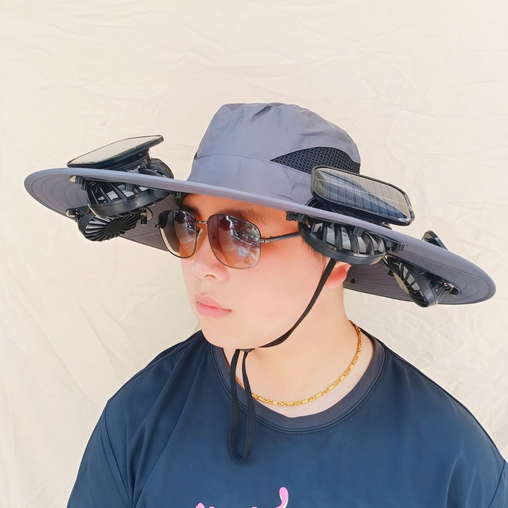 Wide-brimmed sun hat with detachable swivel solar fans and adjustable chin strap Kalsten
