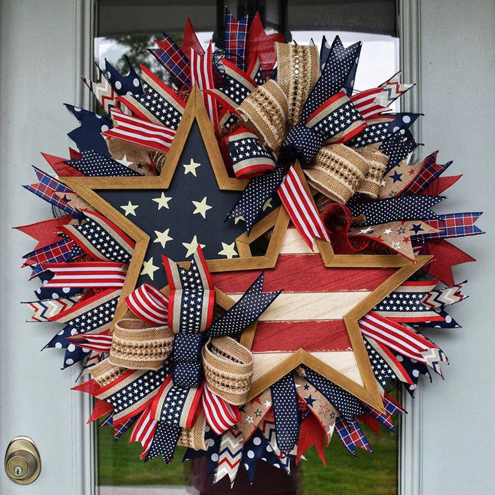 Unisex decorative door wreath in country style with wooden star, ribbons and versatile bands Kalsten