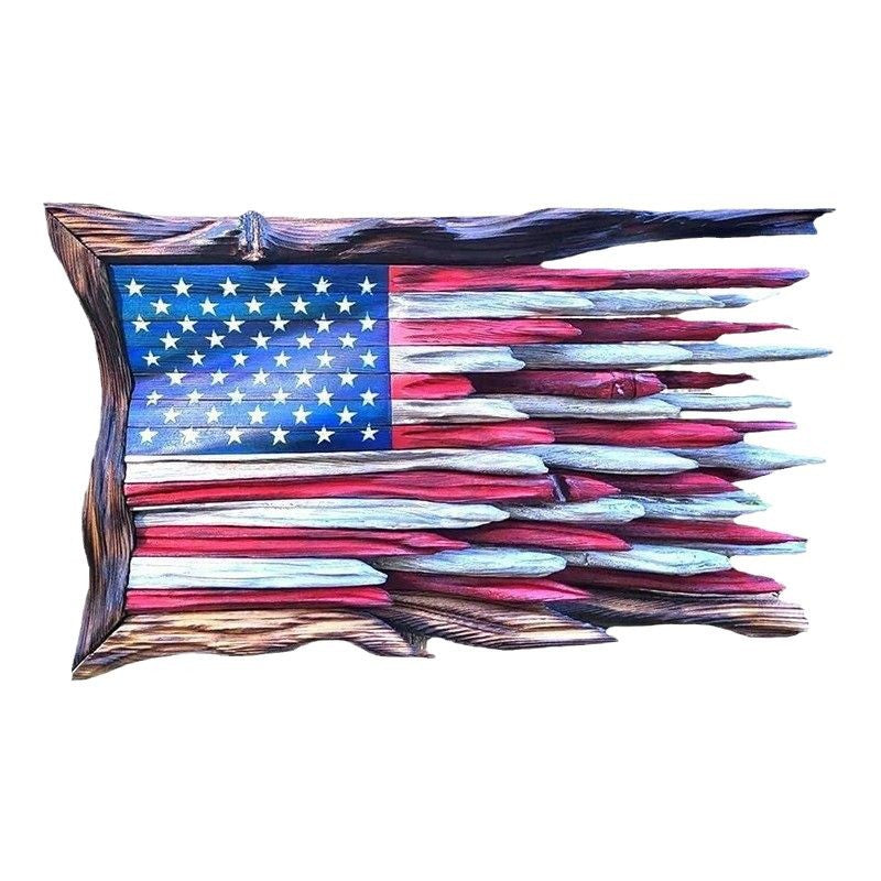 Unisex nan reclaimed wooden American flag wall sculpture with layered driftwood planks and rustic charred frame Kalsten