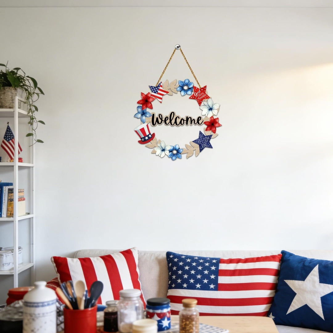 Unisex nan more patriotic wooden door wreath with star and heart motifs and hanging rope Kalsten