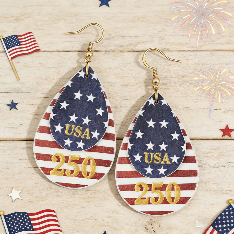 Women's nan layered teardrop patriotic faux leather dangle earrings with gold-tone fishhook Kalsten