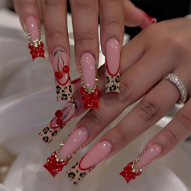 Artistic Press-On Nail Set with Cherry and Animal Prints Acalora