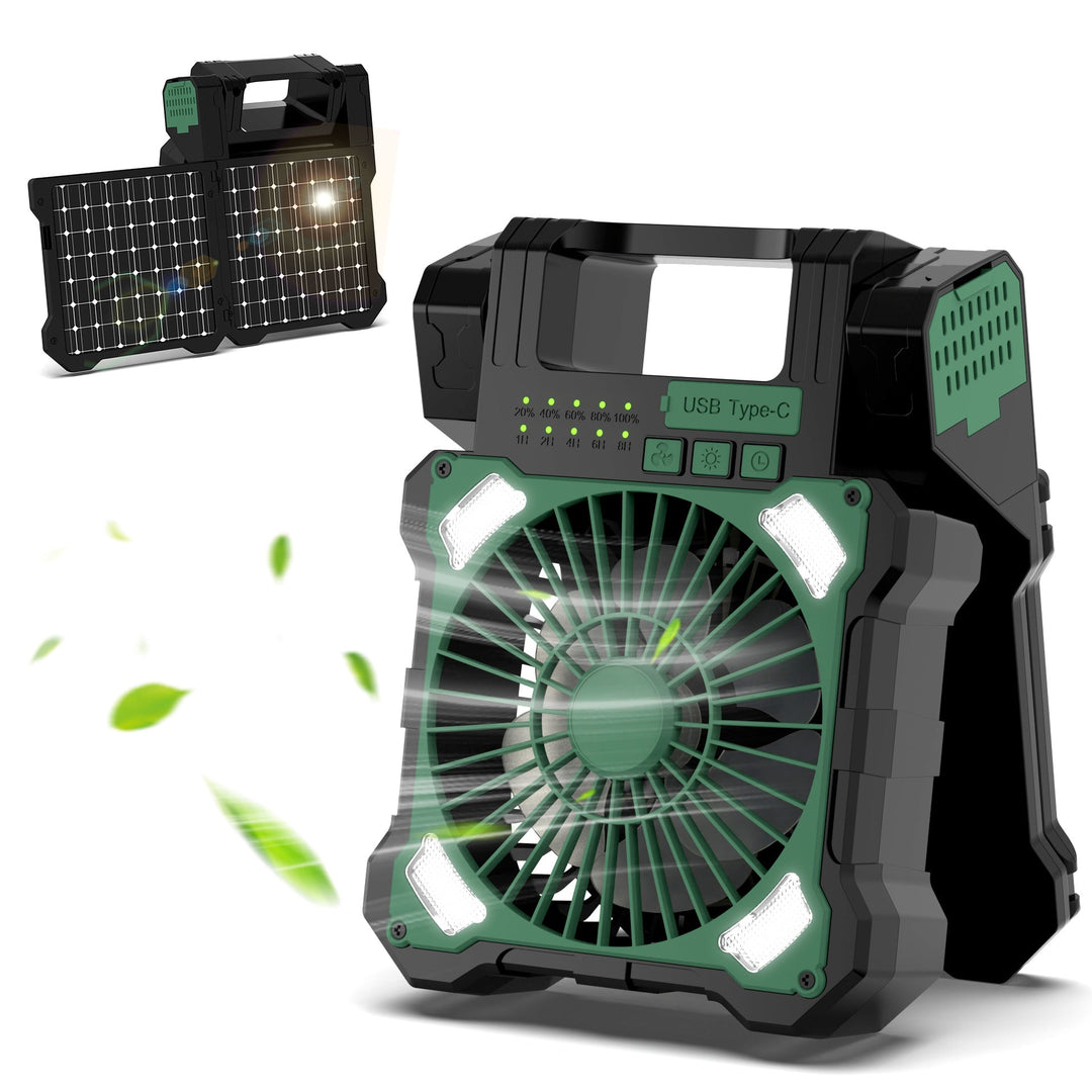 Cooling portable solar camping fan with USB-C power bank and integrated LED work light Kalsten