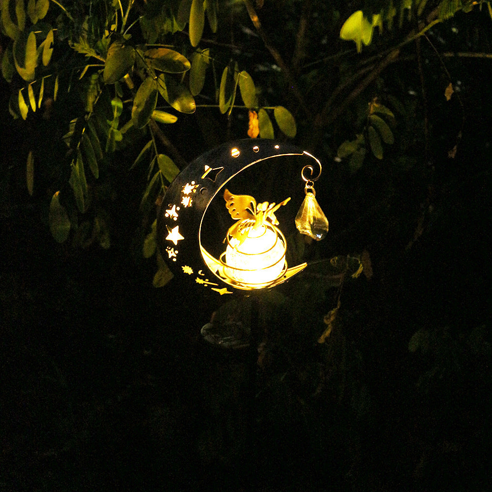 Crescent Moon Solar Garden Stake Light With Rotating Crackle Glass Orb And Butterfly Accent Kalsten