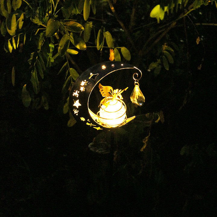 Decorative Crescent Moon Solar Garden Stake Lamp With Hanging Crystal Orb And Butterfly Kalsten