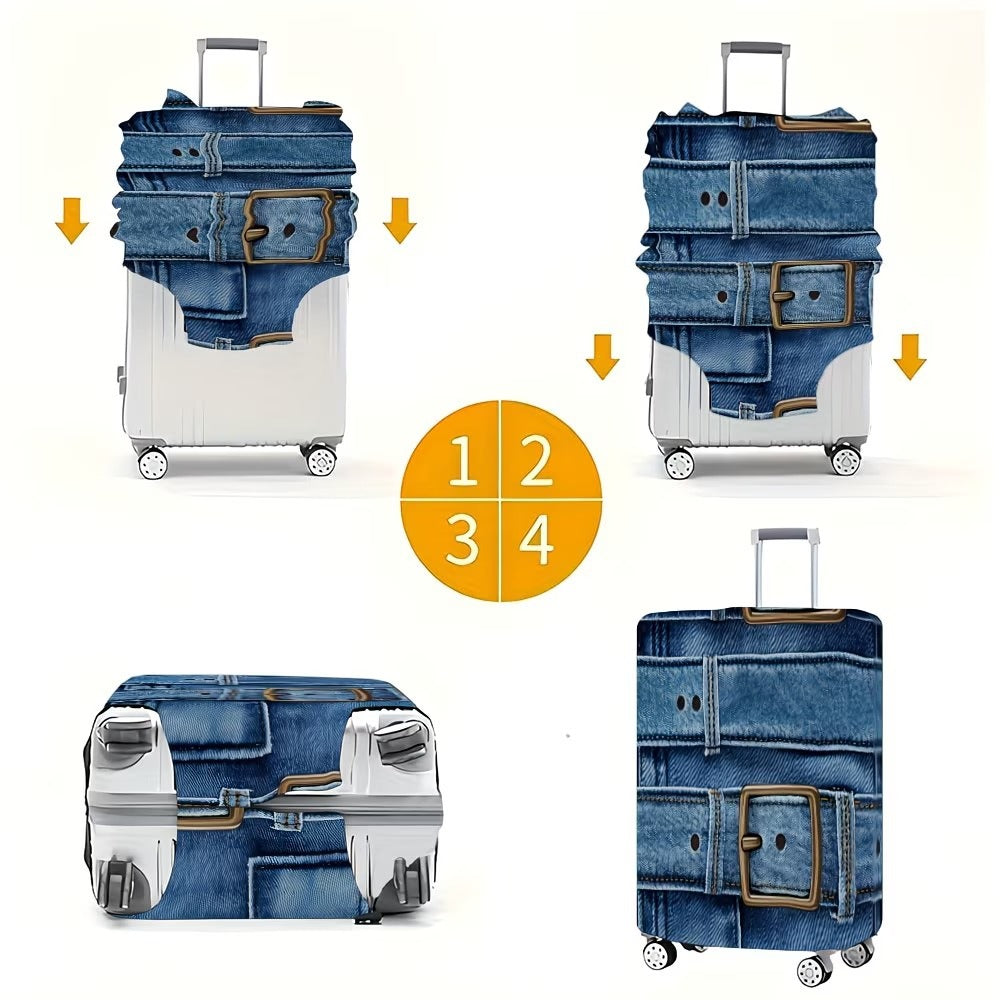 Unisex stylish suitcase cover with denim belt motif, elastic protective cover for rolling suitcase Kalsten
