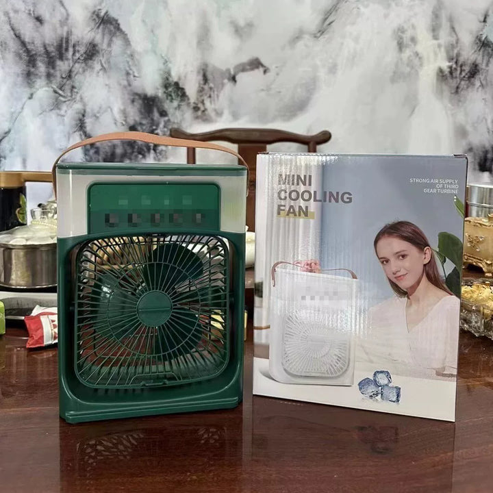 Unisex one-size portable USB humidifying fan with three speed settings and seven-color LED lighting