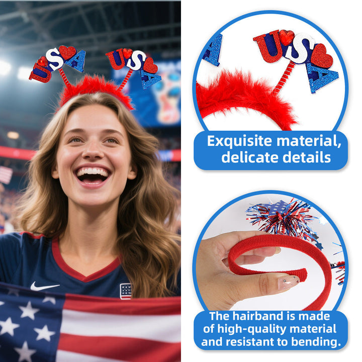 Women's Independence Day patriotic pompom headband with tinsel star toppers Kalsten