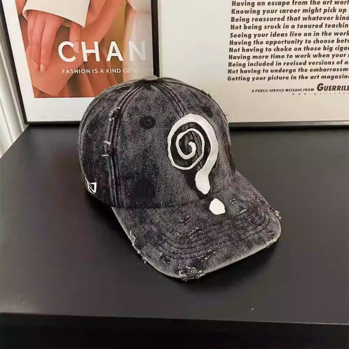 Women's Distressed Denim Baseball Cap with Graphic Design Kalsten