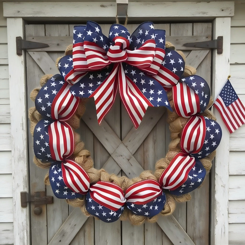 Unisex nan rustic jute door wreath with patriotic star and stripe ribbon and voluminous bow Kalsten