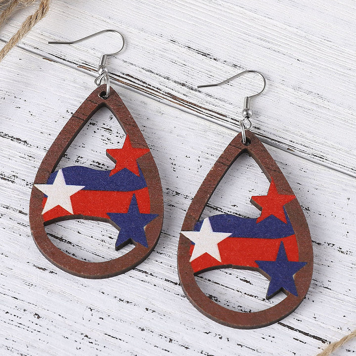 Women's nan patriotic teardrop wooden dangle earrings with star stripe cutout Kalsten