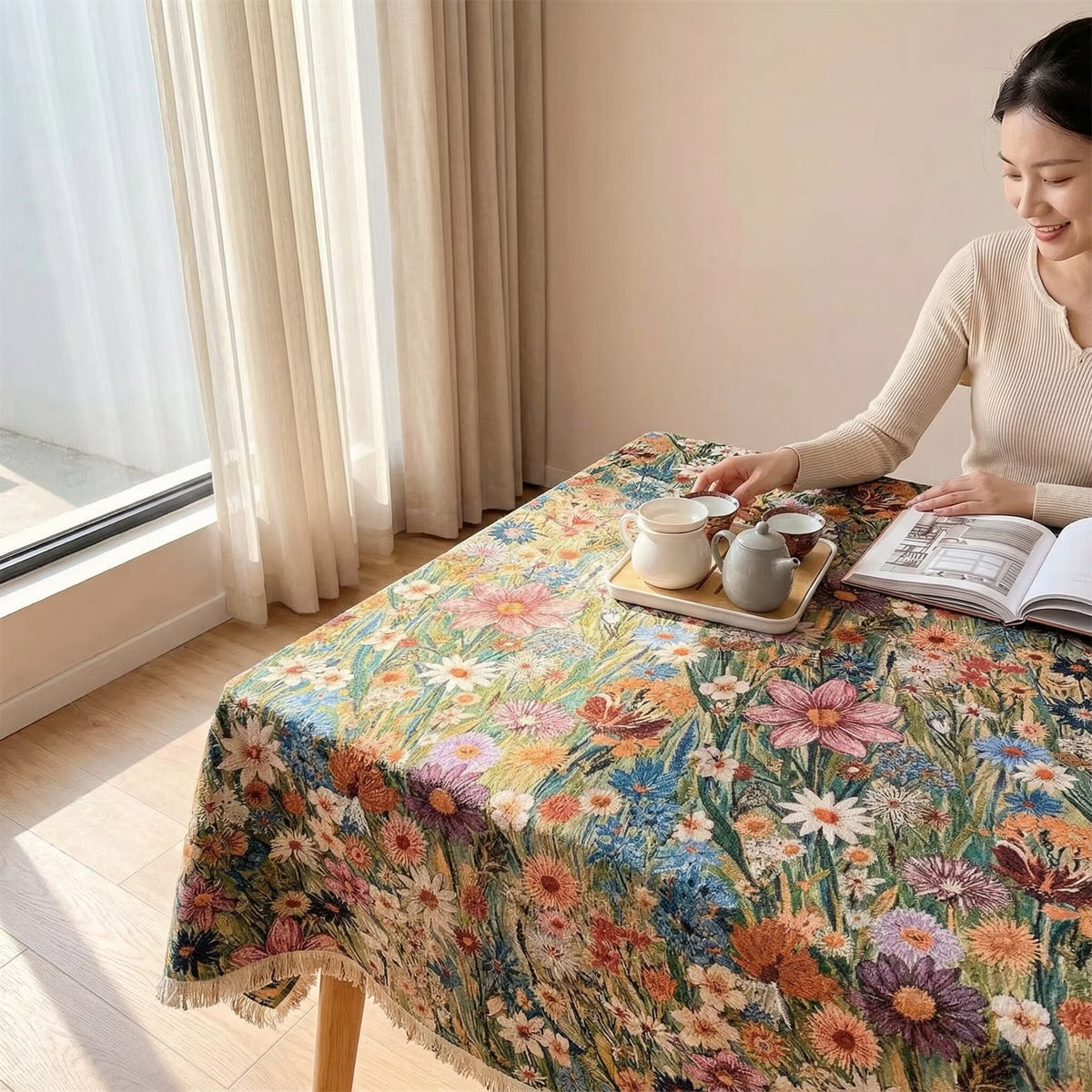 Embroidered Floral Tablecloth