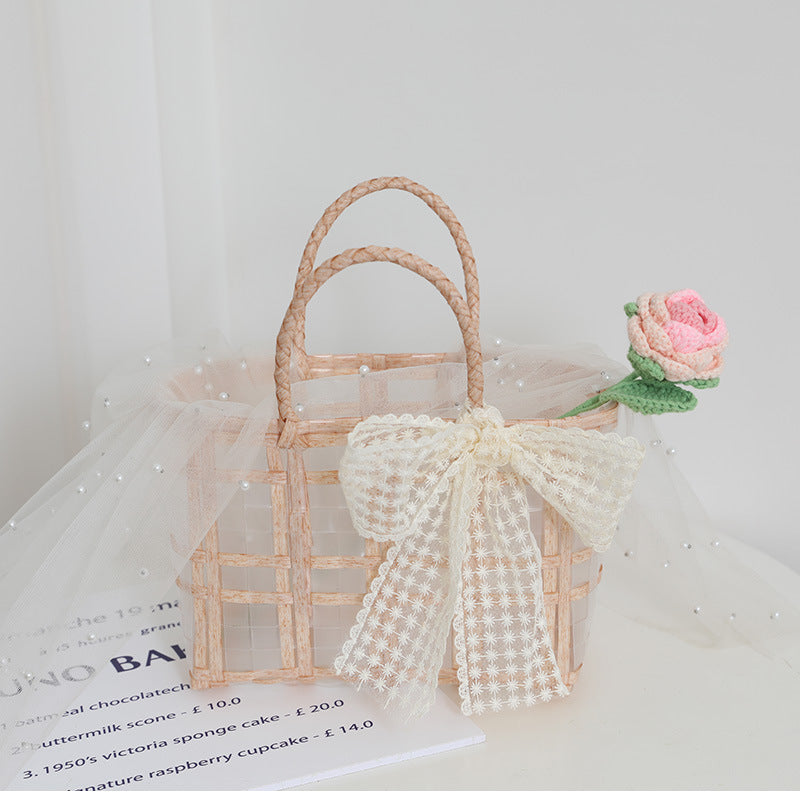 Handcrafted basket bag with elegant bow applique Kalsten