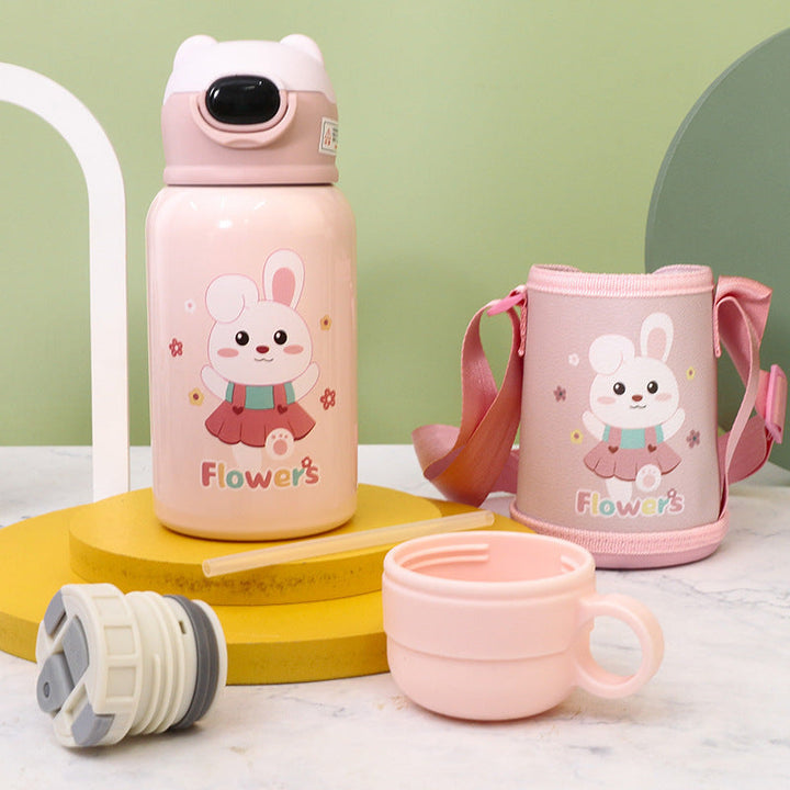 Women's Insulated Water Bottle with Cute Rabbit Design and Practical Carry Strap Kalsten