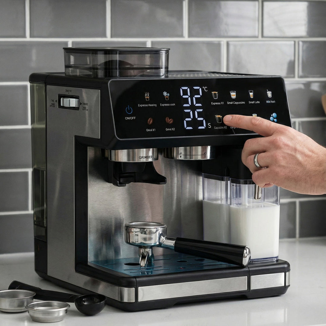 Espresso machine with integrated grinder, automatic temperature control and programmable coffee strengths Kalsten