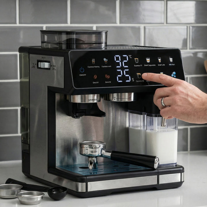 Espresso machine with integrated grinder, automatic temperature control and programmable coffee strengths Kalsten