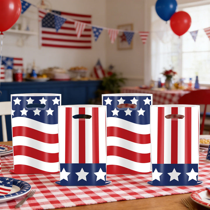 Unisex nan gift bags set with USA flag motif made of sturdy plastic and integrated handle ten pack Kalsten
