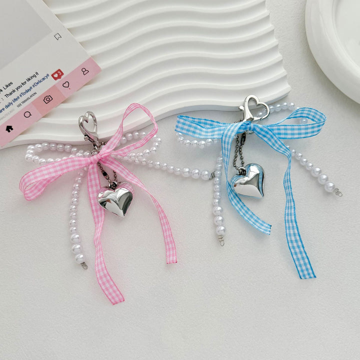 Heart-Shaped Charm Keychain with Pearls and Bow Kalsten