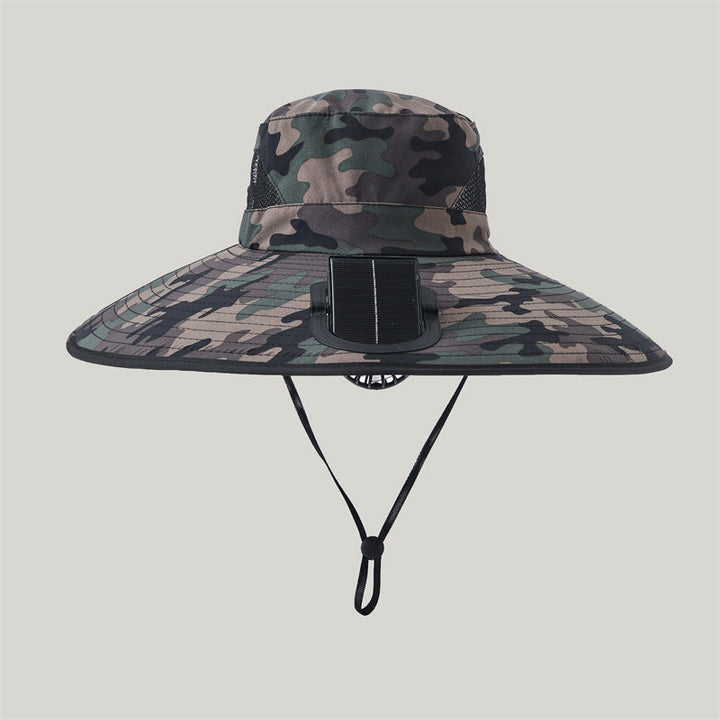 Wide-brimmed outdoor sun hat with solar-powered micro fan, breathable mesh and adjustable chin strap Kalsten