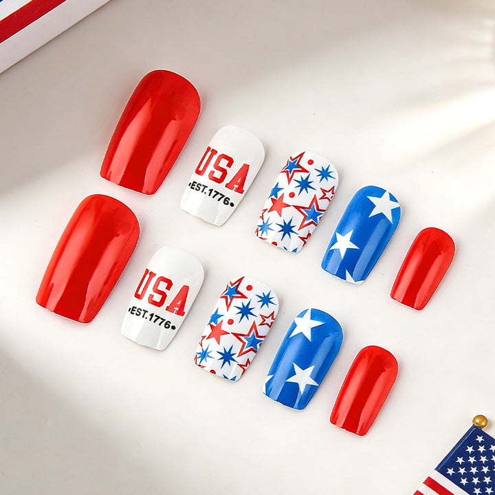 Women's nan patriotic press-on gel nail kit with star decals and USA lettering Kalsten