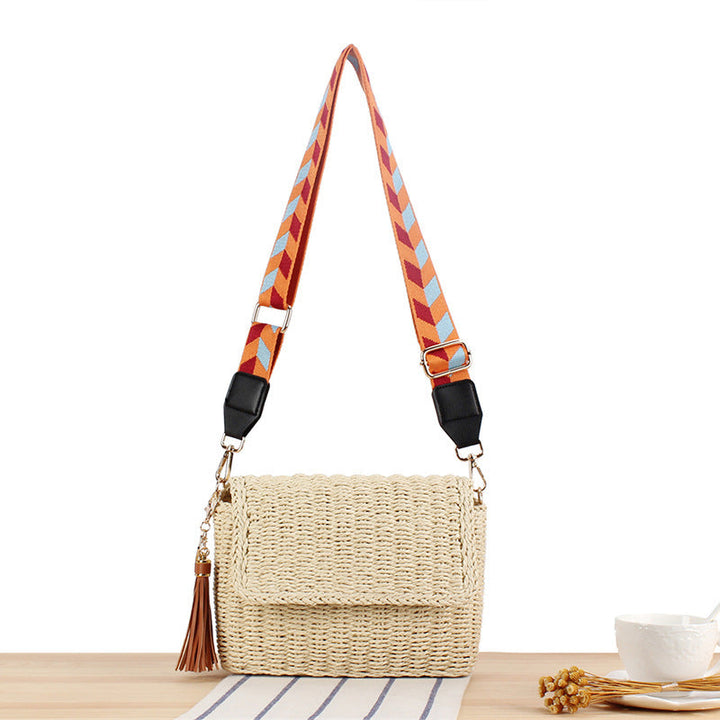 Woven Raffia Shoulder Bag with Decorative Shoulder Strap Kalsten