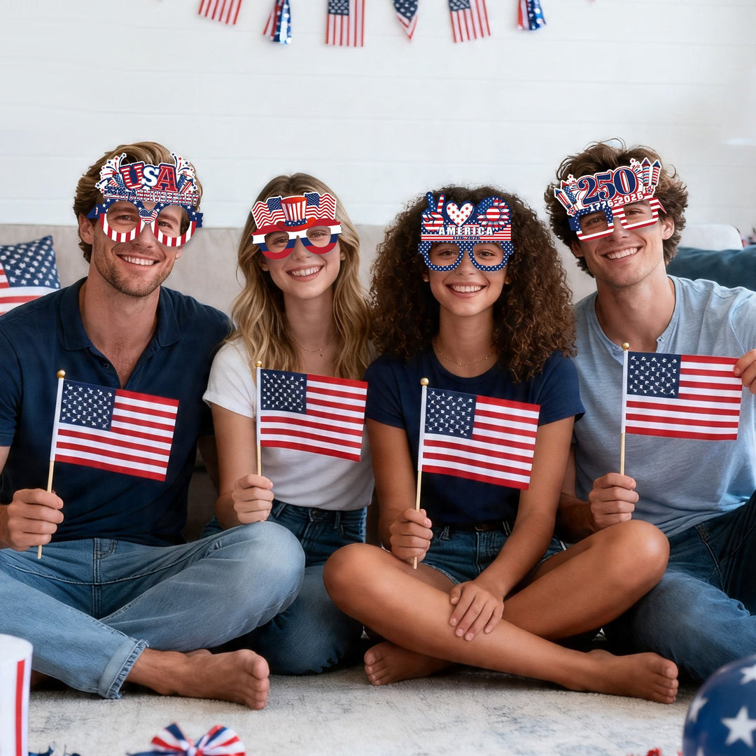 Unisex nan patriotic party glasses made of sturdy cardboard with USA flag design and fireworks toppers Kalsten