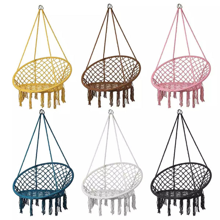 Macrame hanging chair with complete ceiling mounting kit and decorative tassel fringe Kalsten