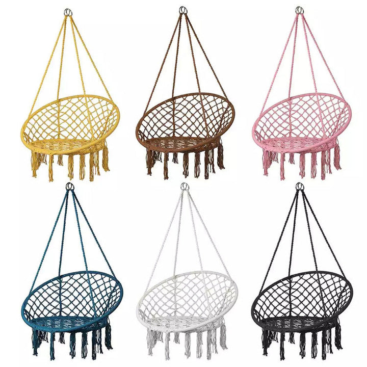 Macrame hanging chair with complete ceiling mounting kit and decorative tassel fringe Kalsten