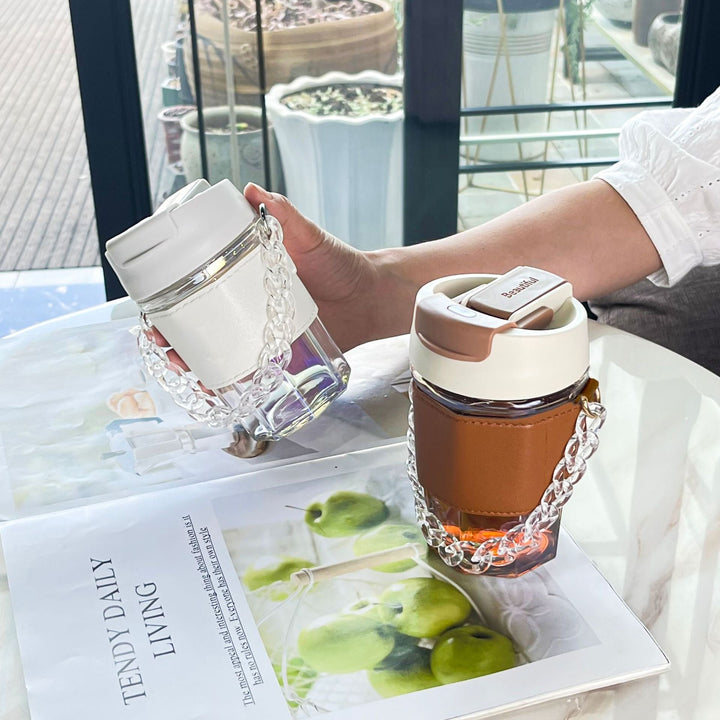 Ladies trendy glass cup with chain carrying strap Kalsten