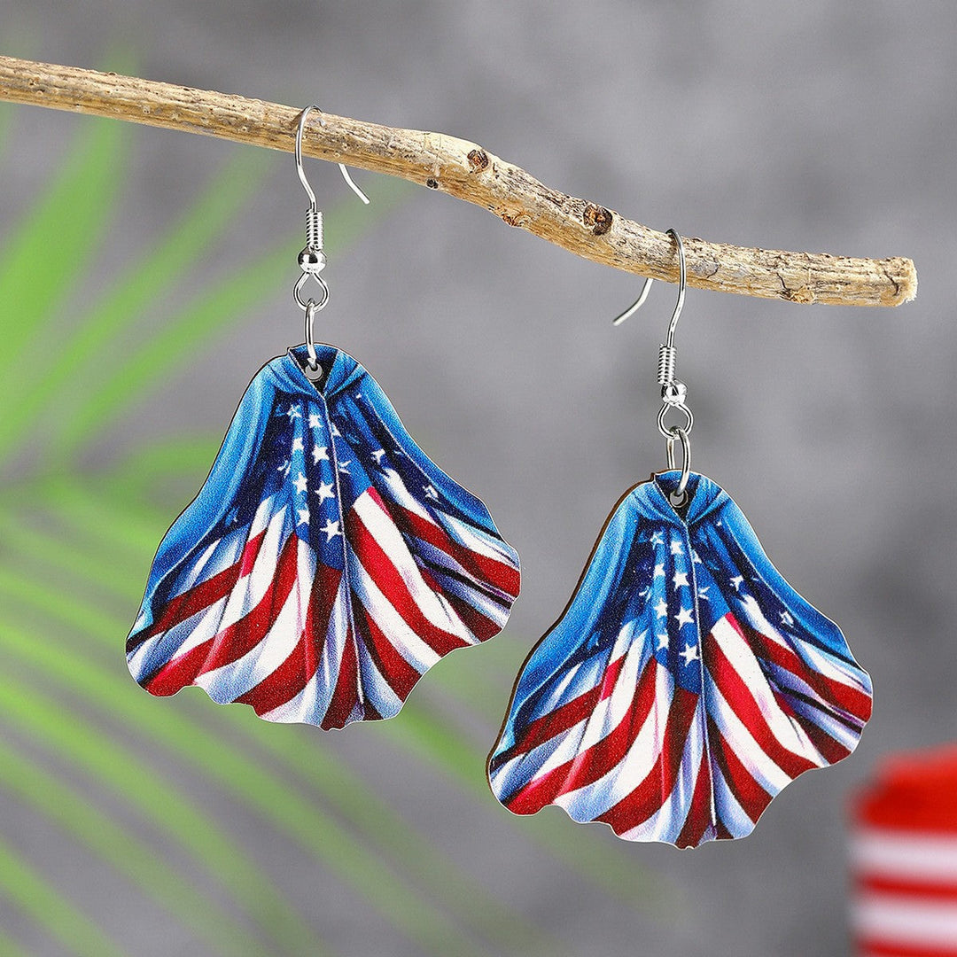 Ladies' lightweight wooden earrings in airplane jet design with patriotic motif and hypoallergenic fish hook Kalsten