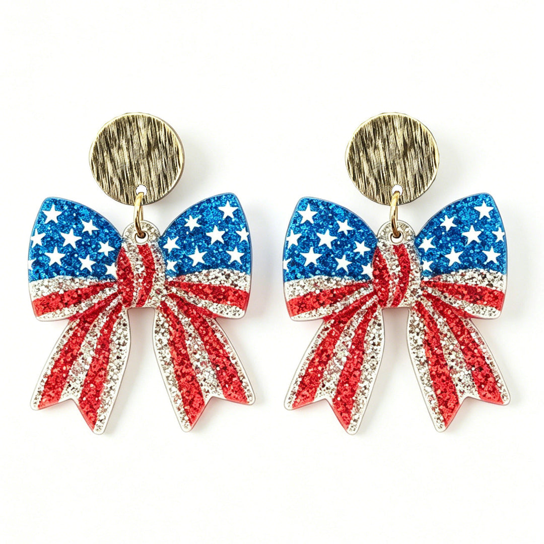 Ladies nan Statement bow earrings made of acrylic with glittering star stripe design and round studs Kalsten