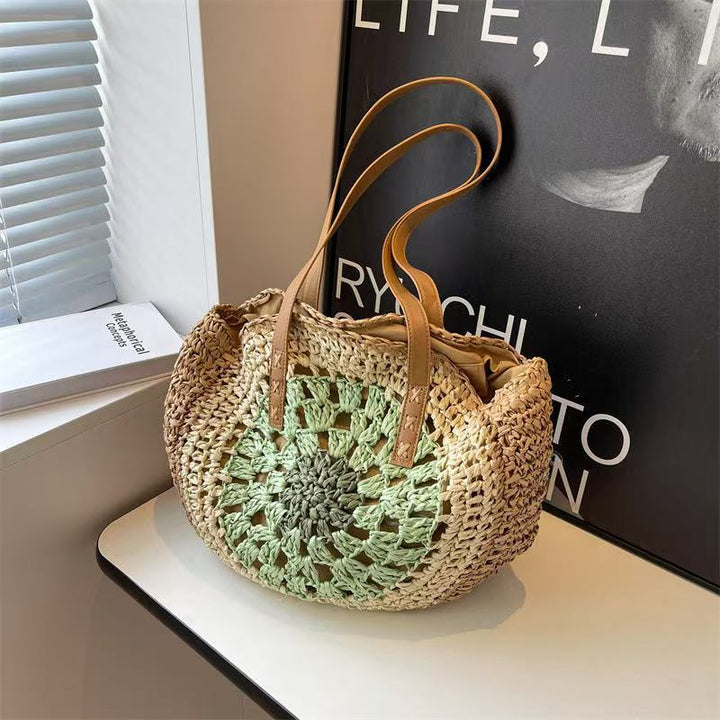 Macrame Beach Bag with Brown Leather Handles Kalsten