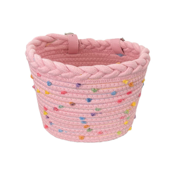 braided rope bike basket with pom pom embellishments and leather handlebar straps Kalsten