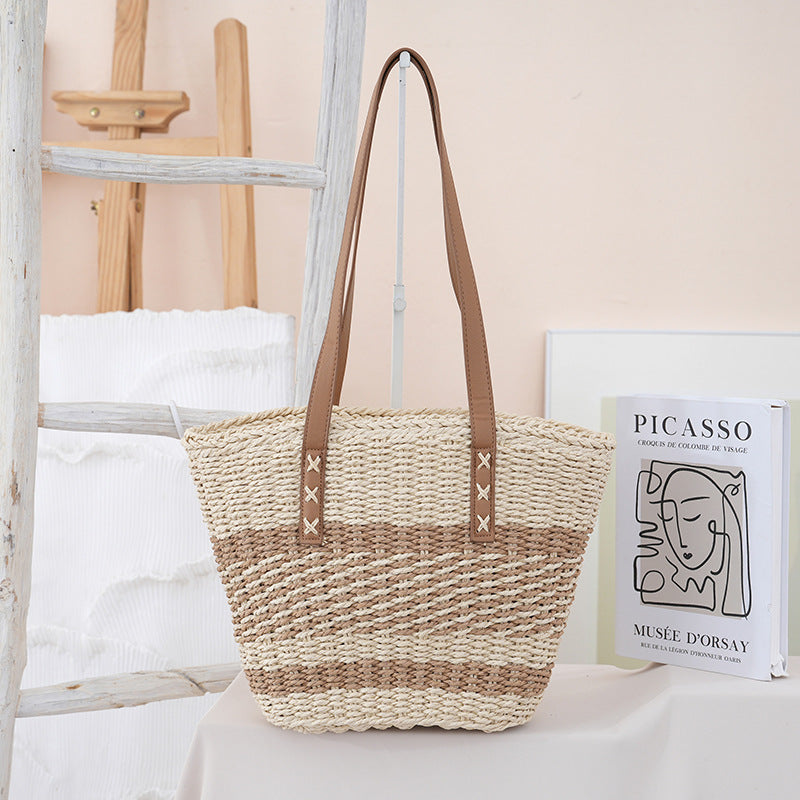 Handwoven beach bag with leather handles Kalsten