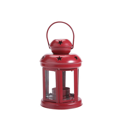 Hexagonal Glass-Paneled Metal Tealight Lantern with Star Vent Cutouts Acalora