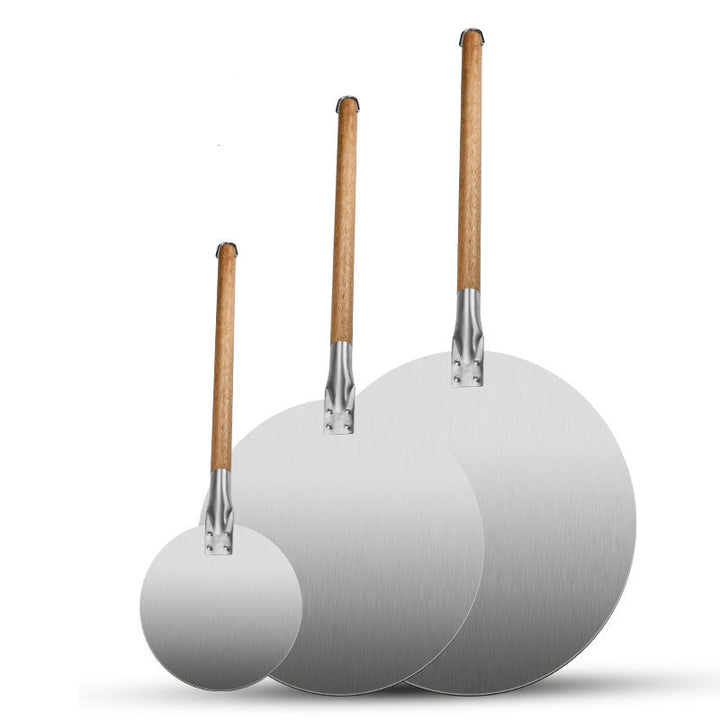 assorted sized round stainless steel pizza peels with long wooden handles Kalsten