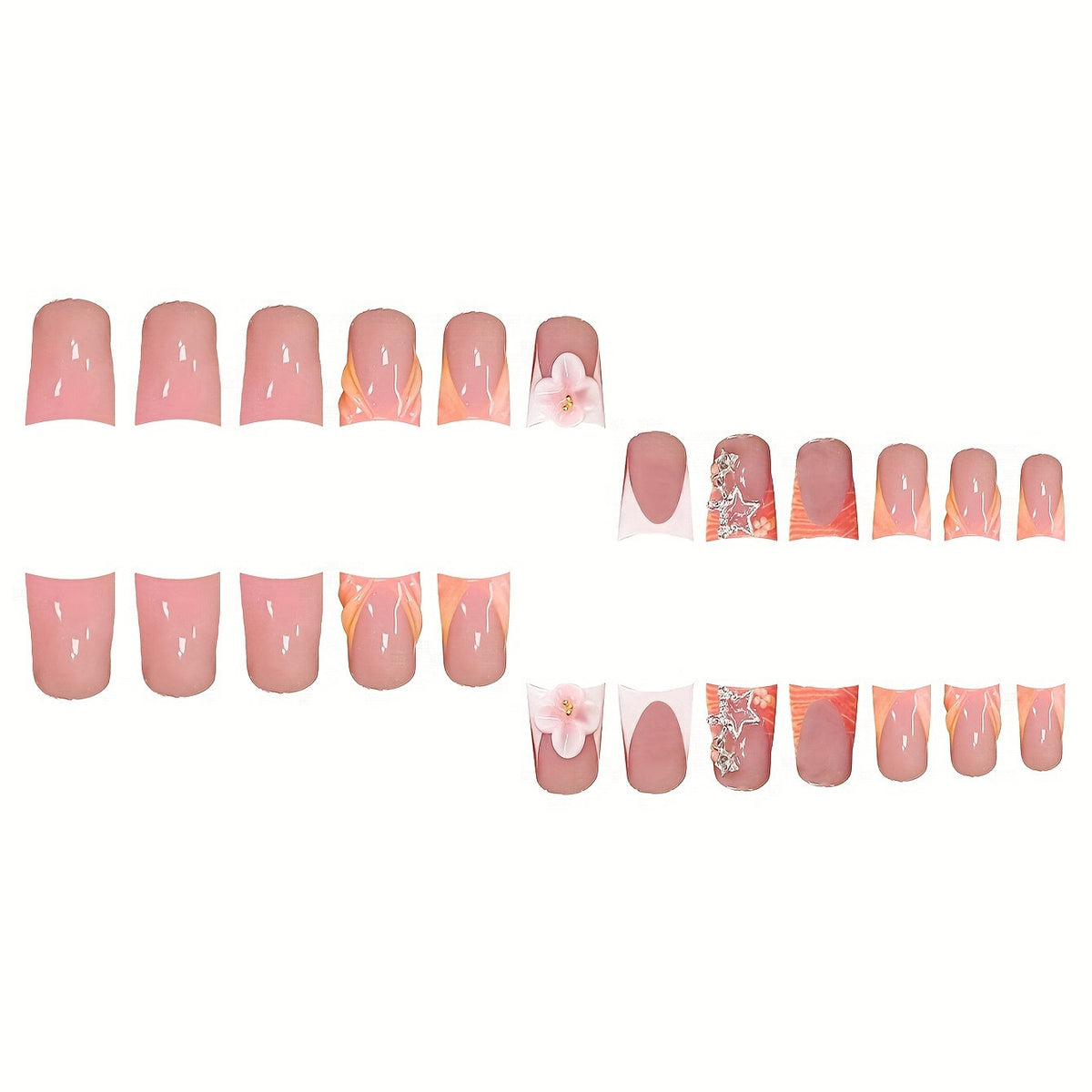 Artistic Press-On Nail Art Set with Floral and Gemstone Accents Acalora