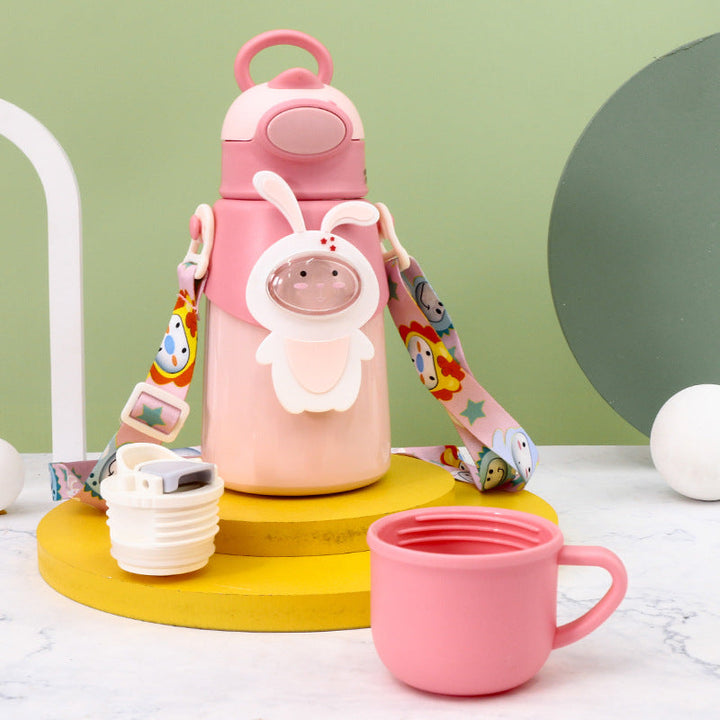 Women's Insulated Water Bottle with Cute Rabbit Design and Practical Carry Strap Kalsten