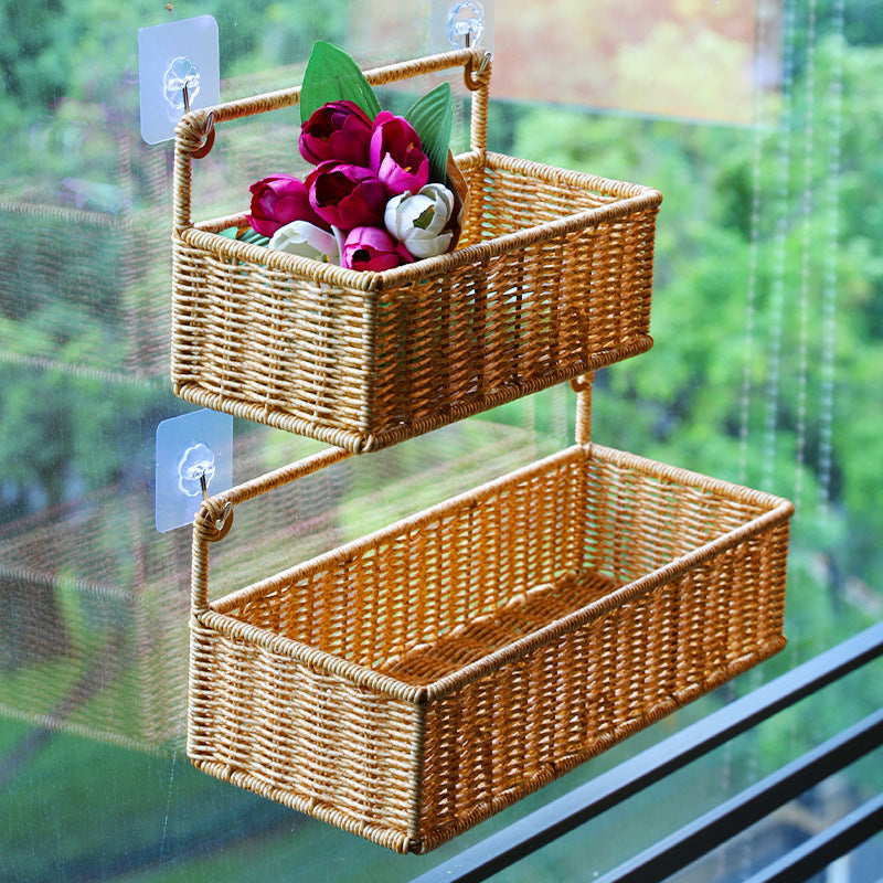 Double-Tier Woven Storage Basket with Handle Kalsten