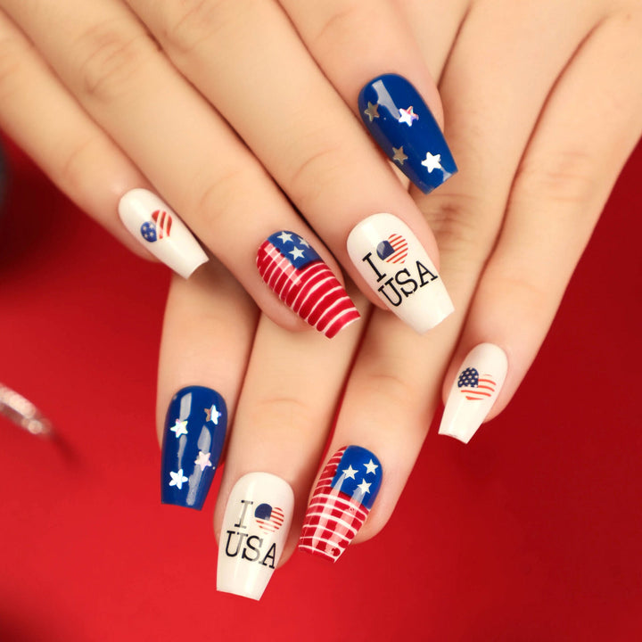 Women's nan long glossy patriotic press-on acrylic nails set with star and flag decals Kalsten