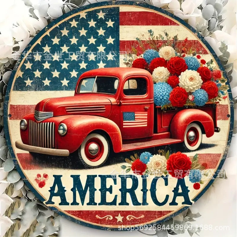 Independence Day rustic round wooden patriotic cross wall plaque with floral accents and God Bless America banner Kalsten