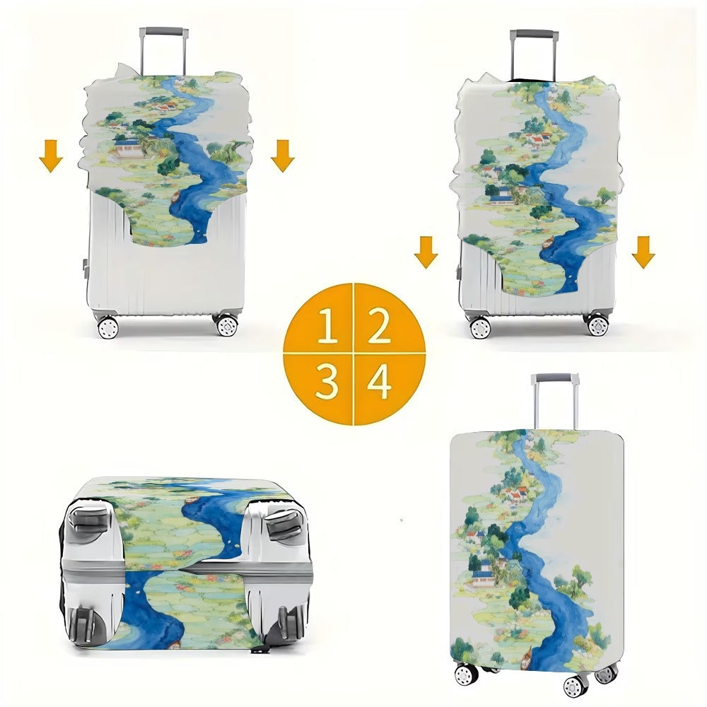 Unisex nan elastic suitcase cover with detailed river and village illustration print, tear-resistant stretch protection for hard shell and fabric trolley Kalsten