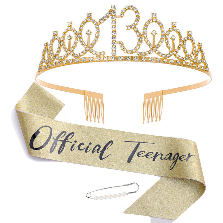 Women Crystal-Embellished Birthday Crown with Personalized Sash Kalsten