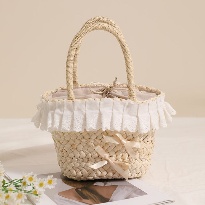 Handcrafted basket bag with delicate ruffles and ribbons Kalsten